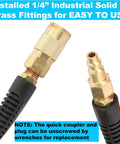 Reinforced Polyurethane Air Hose 3/8" Inner Diameter by 50' Long, Flexible, Heavy Duty Air Compressor Hose with Bend Restrictor, 1/4" Swivel Industrial Quick Coupler and Plug, Blue brass fittings