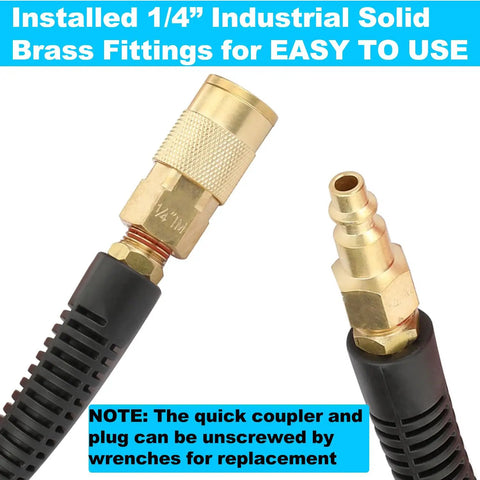 Reinforced Polyurethane Air Hose 3/8" Inner Diameter by 50' Long, Flexible, Heavy Duty Air Compressor Hose with Bend Restrictor, 1/4" Swivel Industrial Quick Coupler and Plug, Blue brass fittings