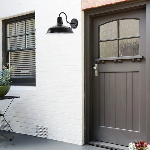 Gooseneck Barn Light Outdoor Wall Mount Fixture In Black Exterior With White Interior For Industrial Farmhouse Porch Garage Backyard All Weather Durable 14.2 Inch Sconce on white wall
