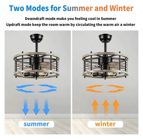 Industrial Farmhouse Ceiling Fan With Smooth Wood Blades Built In Light Wireless Remote Vintage Cage Design For Swoon Worthy Living Spaces And No Sweat All Day Cooling in summer and winter modes.
