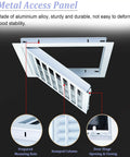 Universal Aluminum Access Panel With Smooth Shutter Vent For Drywall Or Ceiling Mount Featuring Nifty Pull Switch Operation, showing detailed door hinge and mounting hole.