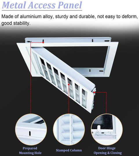 Universal Aluminum Access Panel With Smooth Shutter Vent For Drywall Or Ceiling Mount Featuring Nifty Pull Switch Operation, showing detailed door hinge and mounting hole.
