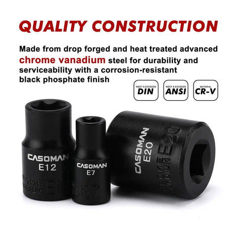 Eleven Piece Female Torx Socket Set With E Torx And Star Sockets Pro Grade Heavy Duty One Quarter And Three Eighths Inch Drives Drop Forged Chrome Vanadium Black Phosphate Finish Includes Rail Clip On Storage