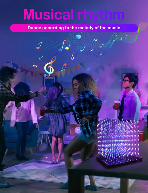 Party scene with people dancing, featuring 3D LED Cube Kit For DIY Electronics on a table with dope lighting effects.