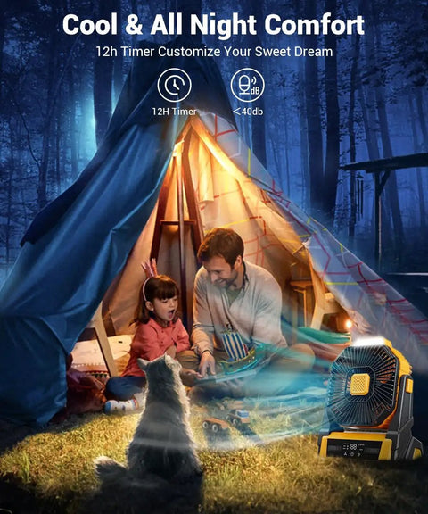 Portable Camping Fan With Lights And 20000mAh Battery Powered Outdoor Fan in use outside a tent with family and dog.
