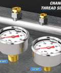 Stainless Steel Liquid Filled Pressure Gauge 0 to 60 Psi 1.5 Inch Dial 1 8 NPT Back Mount Includes Quarter Inch And Three Eighth Inch NPT Hex Bushings Glycerin Filled For Water Oil Air shown with thread adapters