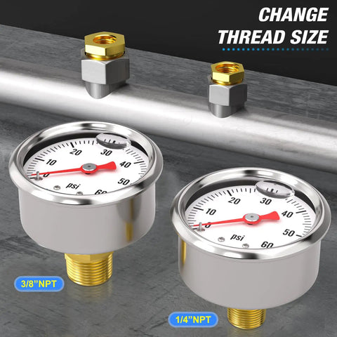 Stainless Steel Liquid Filled Pressure Gauge 0 to 60 Psi 1.5 Inch Dial 1 8 NPT Back Mount Includes Quarter Inch And Three Eighth Inch NPT Hex Bushings Glycerin Filled For Water Oil Air shown with thread adapters