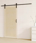 42 Inch By 84 Inch Sliding Barn Door With Wood Slat Design And Hardware Kit Solid Pine Wood for living room, shown installed on wall.