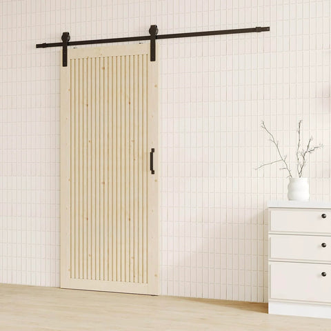 42 Inch By 84 Inch Sliding Barn Door With Wood Slat Design And Hardware Kit Solid Pine Wood for living room, shown installed on wall.