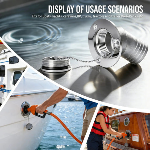 Close-up of BocBoz 1-1/2 in 316 stainless steel marine deck fuel filler with keyless cap and mounting screws
