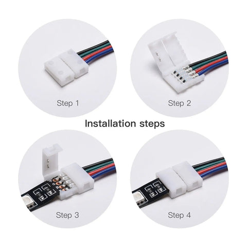 Installation steps for 10 Pack 5050 3528 RGB LED Light Strip Connectors With 4 Pin 10mm Wide Solderless Strip To Strip Jumper Angle Connector