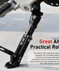 Adjustable Aluminum Triangle Motorcycle Kickstand, Heavy Duty Side Stand installed on a motorcycle with non-slip base.