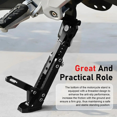 Adjustable Aluminum Triangle Motorcycle Kickstand, Heavy Duty Side Stand installed on a motorcycle with non-slip base.
