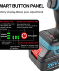 Cordless Electric Rivet Nut Gun With Rechargeable High Capacity Battery And Automatic Riveting For M3 Through M12 Sizes showing smart button panel and battery indicator.