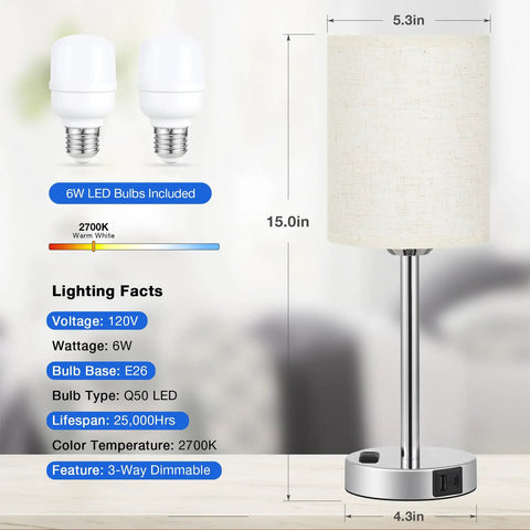 Set Of 2 Bedside Lamps With 3 Way Dimming USB C And USB A Ports And Outlets Modern Nightstand Lamps, dimensions and bulb details shown