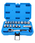 17 Piece Pass Through Socket Set With 72 Tooth Ratchet Wrench Crafted From Tough Chrome Vanadium Steel To Quickly Clear Threaded Rods And Long Bolts Without Breaking A Sweat in blue case.