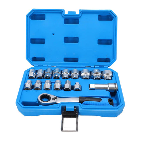 17 Piece Pass Through Socket Set With 72 Tooth Ratchet Wrench Crafted From Tough Chrome Vanadium Steel To Quickly Clear Threaded Rods And Long Bolts Without Breaking A Sweat in blue case.