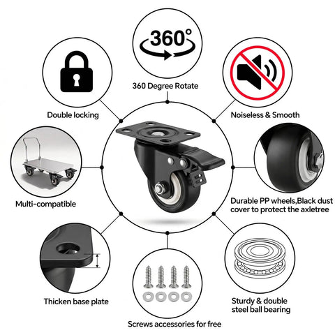 Heavy Duty Polyurethane Caster Wheels Set Of Four With Dual Lock Brakes Non Marking Black Rollers For Workbenches and Tool Carts built tough, 360-degree rotation feature.