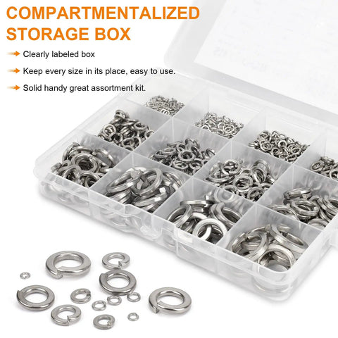 Must-Have 530 Pcs Spring Lock Washer Set With Metric And SAE Sizes M3 To M10 And 1/4 To 3/8 Stainless Steel 304 Lock And Flat Washers