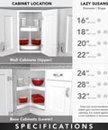 Specifications for two-tier pie-cut lazy Susan organizer with almond plastic shelves in corner kitchen cabinets.