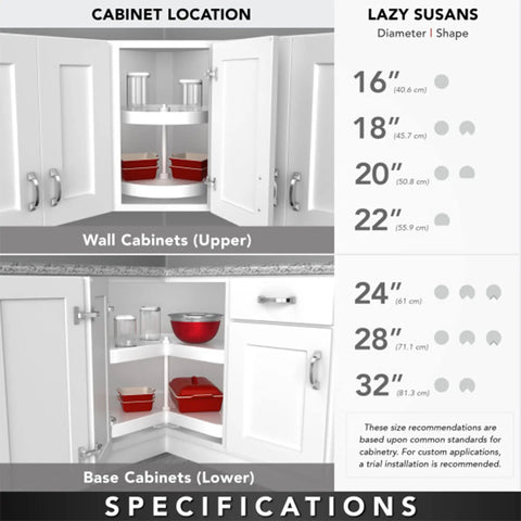 Specifications for two-tier pie-cut lazy Susan organizer with almond plastic shelves in corner kitchen cabinets.