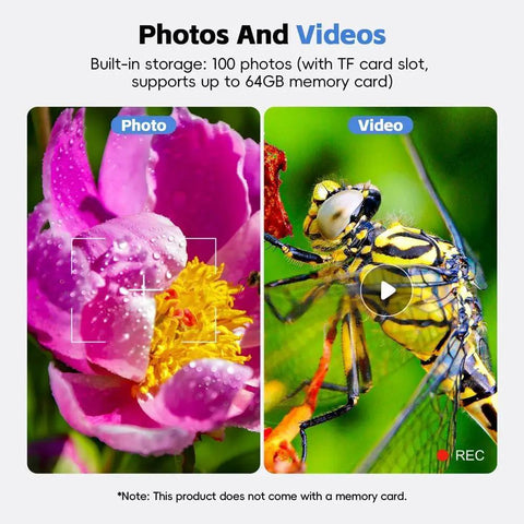 Close-up of digital display showing a flower and dragonfly photo in bright colors, highlighting photo and video capabilities.