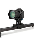 Smooth Camera Leveling Base For Universal Tripods And Video Heads Featuring Easy Turn Dial And Secure Lock Knob For Straight Up Horizon Alignment Designed To Keep Your Lens Locked On Any Creator Rig Setup with Canon camera on slider.