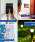 Home security features including alarm system, video doorbell, security camera, and landscape lighting in use.