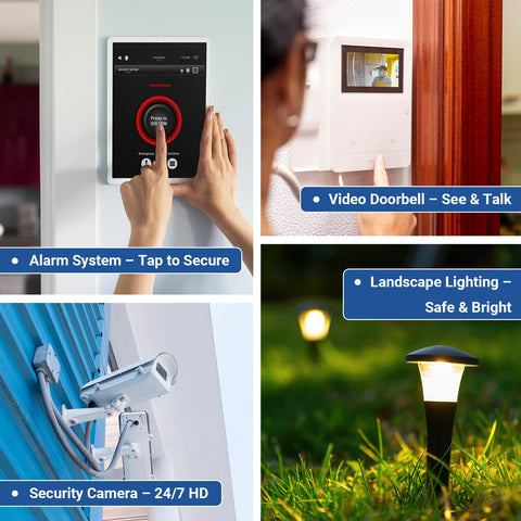 Home security features including alarm system, video doorbell, security camera, and landscape lighting in use.