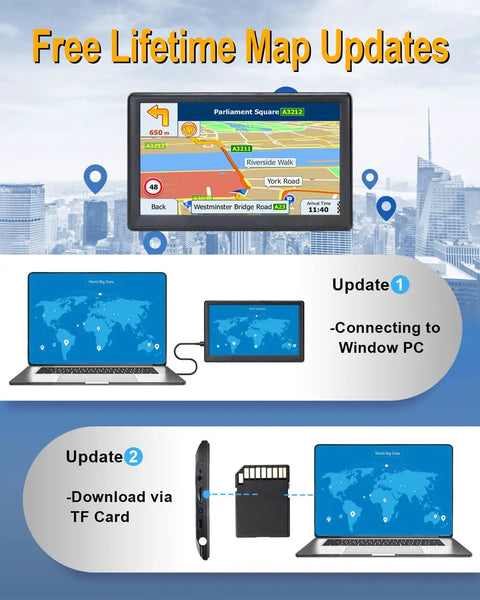 7 Inch Truck GPS Navigator for cars and RVs with custom routing, driver alerts, free lifetime North America maps, update methods