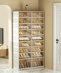 Front view of collapsible 9 tier shoe rack organizer with doors, 36 pairs capacity, foldable plastic shoe cabinet in living room.