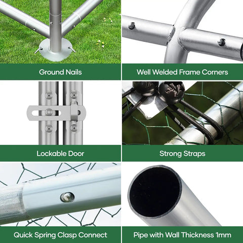 Components of Heavy Duty Metal Chicken Coop With Lockable Door And Waterproof UV Cover, focus on frame, lock, and materials