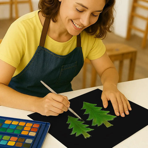 Person painting green trees on Black Corrugated Cardboard Sheets 39x11 Inches, 100 Pack, E Flute, 3/32 Inch Thick, Made In USA