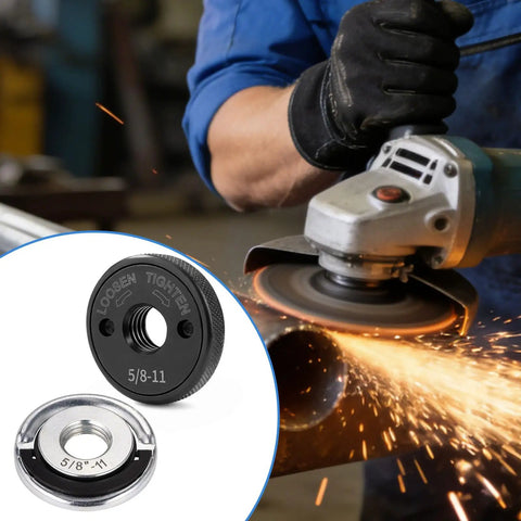 Two Pack 5/8-11 Angle Grinder Flange Nuts With Quick Release D Ring Lock Nut And Knurled Arbor Nut For 4 1/2 5 7 9 Inch Grinders, Heavy Duty Carbon Steel Tool Accessories For Metal Cutting Grinding Sanding And Surface Prep shown with grinder in use