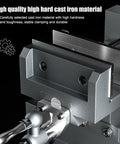 Close up of Heavy Duty Precision Cross Slide Drill Press Vise with cast iron frame and smooth swivel handles for accuracy.