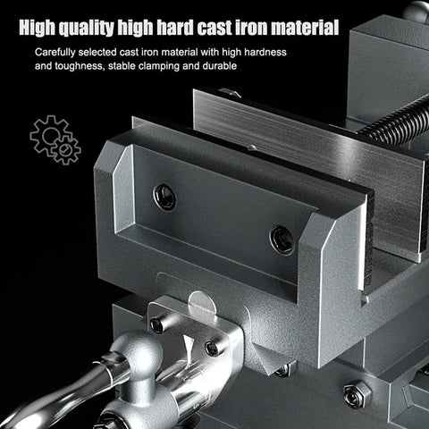 Close up of Heavy Duty Precision Cross Slide Drill Press Vise with cast iron frame and smooth swivel handles for accuracy.