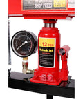 Detailed view of Heavy Duty 12 Ton Hydraulic Shop Press With Built In Pressure Gauge showcasing the red cylinder and gauge.