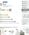 Golden Champagne Riva Cabinet Pulls and Knobs display with measurements and suggested accessories