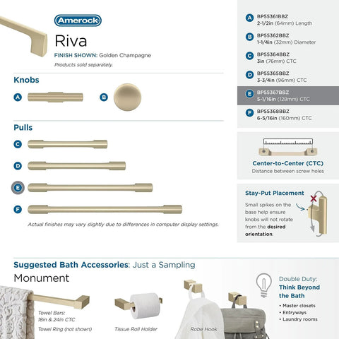 Golden Champagne Riva Cabinet Pulls and Knobs display with measurements and suggested accessories