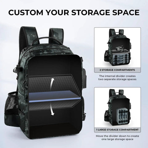 50L Fishing Tackle Backpack With Removable Bait Binder And Four Tackle Boxes Two Rod Holders Interchangeable Storage System