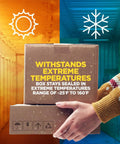 Illustration showing weather impact with sun and snow, emphasizing durable packaging at extreme temperatures with Heavy Duty Clear Packing Tape.