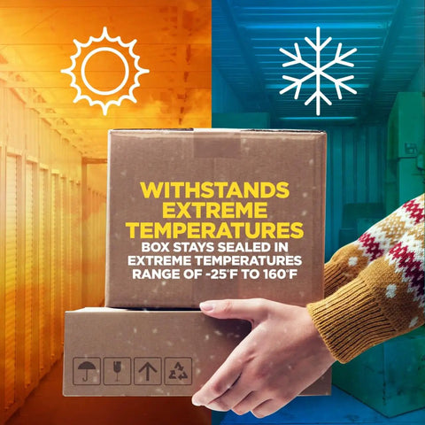 Illustration showing weather impact with sun and snow, emphasizing durable packaging at extreme temperatures with Heavy Duty Clear Packing Tape.
