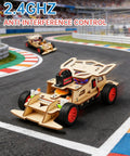 STEM Kits For Kids 8 To 12 Remote Control Car Build Kit With Wooden 3D Puzzles on racetrack showing anti-interference control