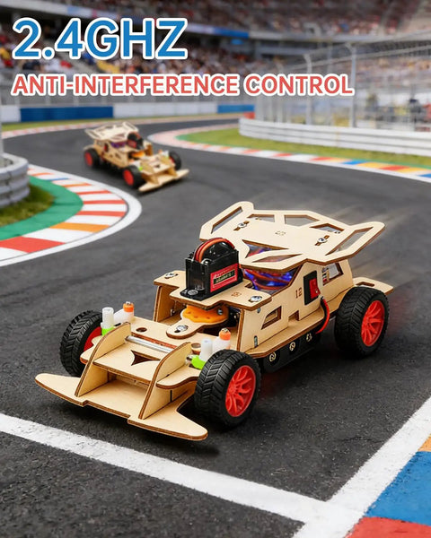 STEM Kits For Kids 8 To 12 Remote Control Car Build Kit With Wooden 3D Puzzles on racetrack showing anti-interference control