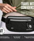 Person wearing black Hidden Money Belt For Travel with RFID Blocking Passport Holder, showcasing under-clothing fit and design.