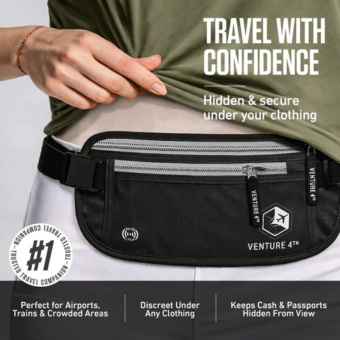 Person wearing black Hidden Money Belt For Travel with RFID Blocking Passport Holder, showcasing under-clothing fit and design.