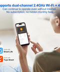 Wireless Home Security Alarm System Kit With 4G LTE And WiFi app screen in hand showing control options, no monthly fee featured.