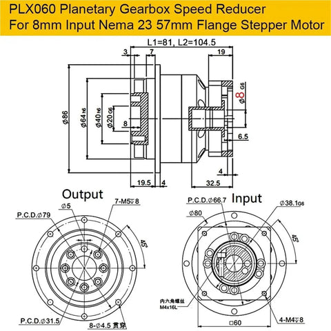 PLX060 Planetary Gearbox with dimensions for 8mm Input Nema 23 57mm Flange Stepper Motor, detailed technical drawing.