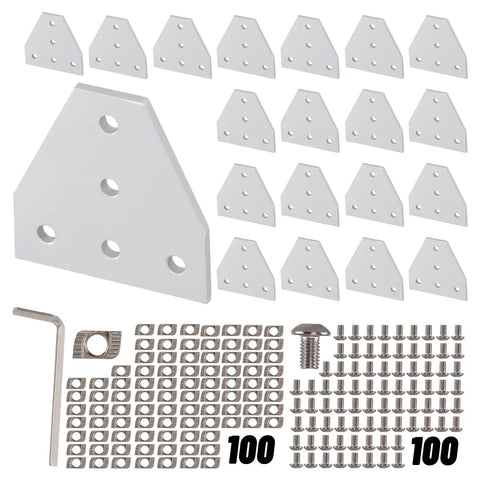 20Pcs 2020 Corner Bracket Joint Plate T Shape 5 Hole Aluminum Extrusion Connector Kit With 100Pcs T Nuts 100Pcs Screws And Wrench For 20x20mm Profile Bundle DIY Ready displayed on white background