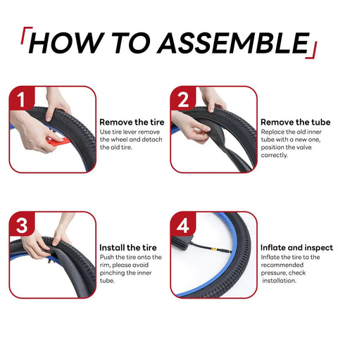 Instructional guide for assembling 26x1.50 to 1.75 bike inner tube with Schrader valve for 26-inch road mountain city cruiser bikes.